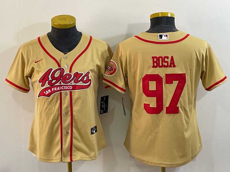 Womens San Francisco 49ers #97 Nick Bosa Gold With Patch Cool Base Stitched Baseball Jersey->women nfl jersey->Women Jersey